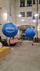Amazon Prime Branded Sphere being Inflated inside Amazon Head Office Manchester