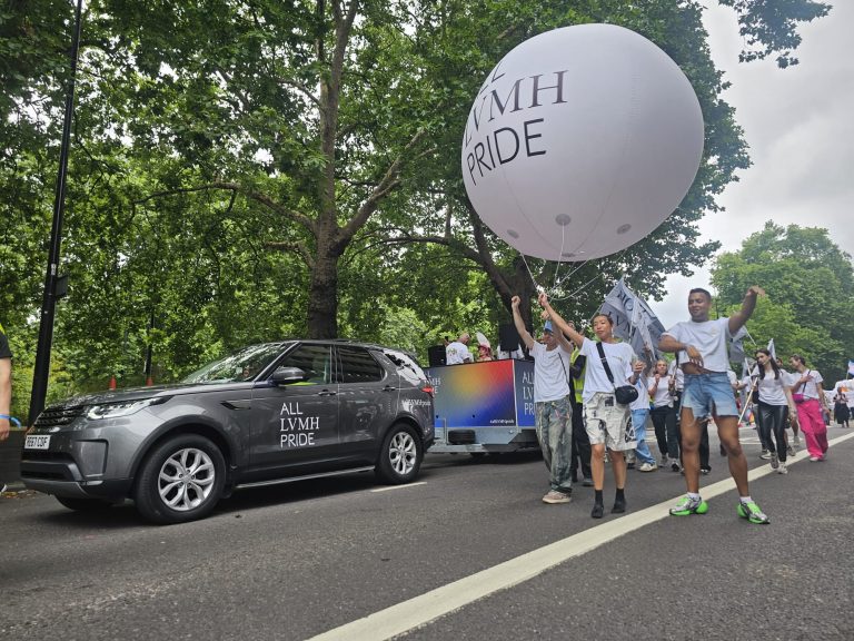 Helium Sphere. Outdoor Inflatable. Parade Inflatable. Pride Inflatable. Advertising Inflatable. Branded Inflatable. LVMH Pride Trailer and Land Rover. Inflatables for Pride.