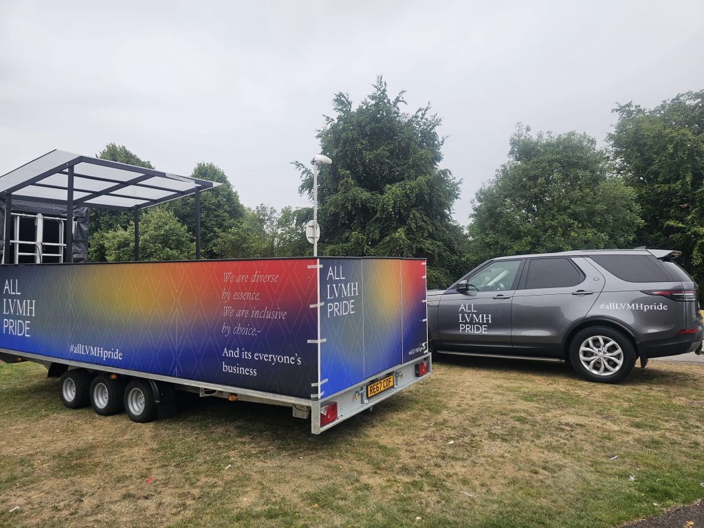 Branded Trailer. Parade Trailer. Branded Vehicle. Pride Branded Trailer. LVMH Branded Car and Trailer. LVHM at Pride.