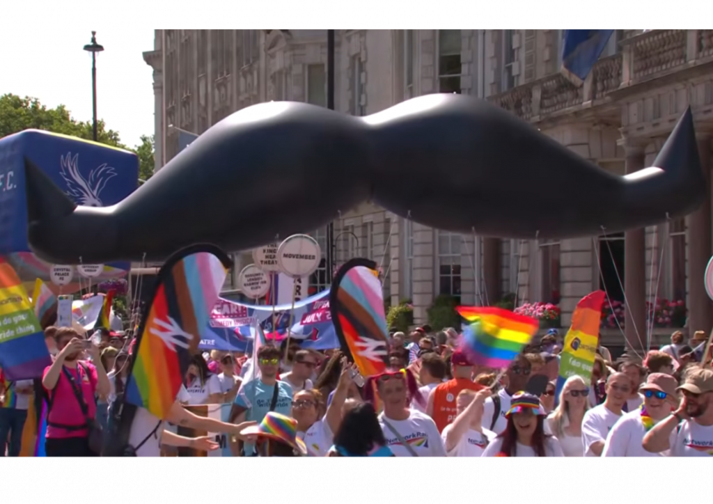 Movember Inflatable. Inflatable Moustache. Custom Shaped Inflatable. Helium Inflatable. Parade Inflatable. Pride in London.